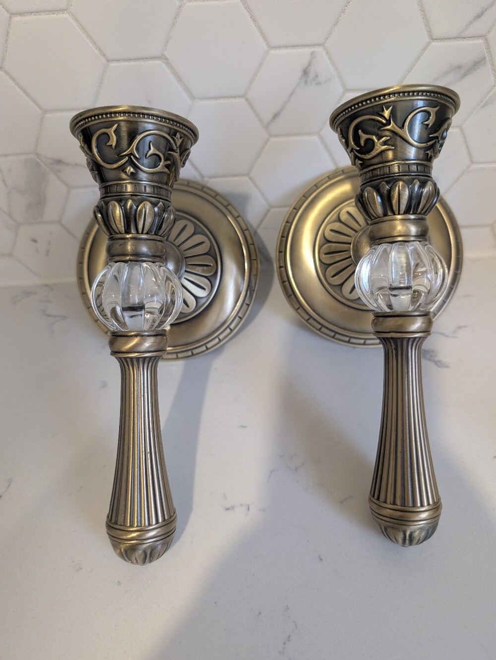 PartyLite Classic Creations Retired Brass Gold & Glass Wall Candle  Sconces Set